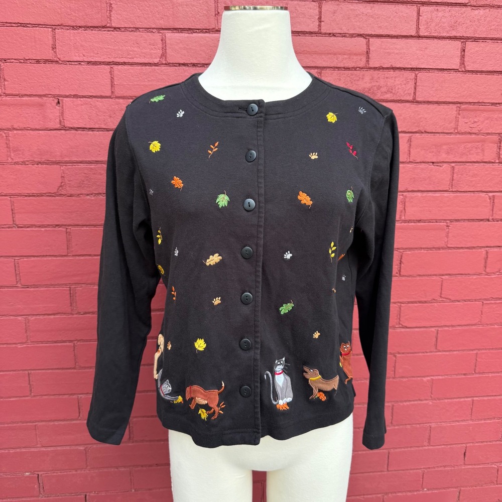 Bechamel Petites Black Cardigan Dogs Cats‎ Leaves Embroidered Fall Womens Medium